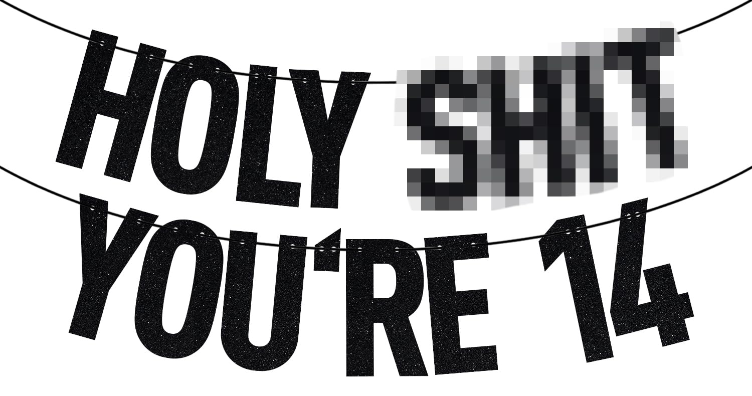 Black Glitter Holy You're 14 Banner, Happy 14th Birthday/Level 14 Unlocked, Funny 14th Birthday Party Decorations Supplies