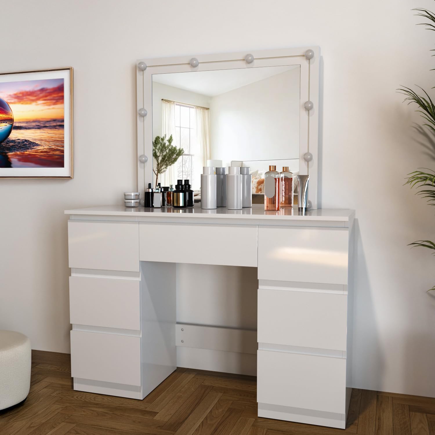 Arreditaly Toeletta Tavolino Da Trucco Tavolo Con 10 Luci LED Luminosità Regolabile Specchio Orizzontale Con 7 Cassetti Postazione Make Up In Legno Design Moderno 39.5 x 110 x 140.5 Cm Bianco