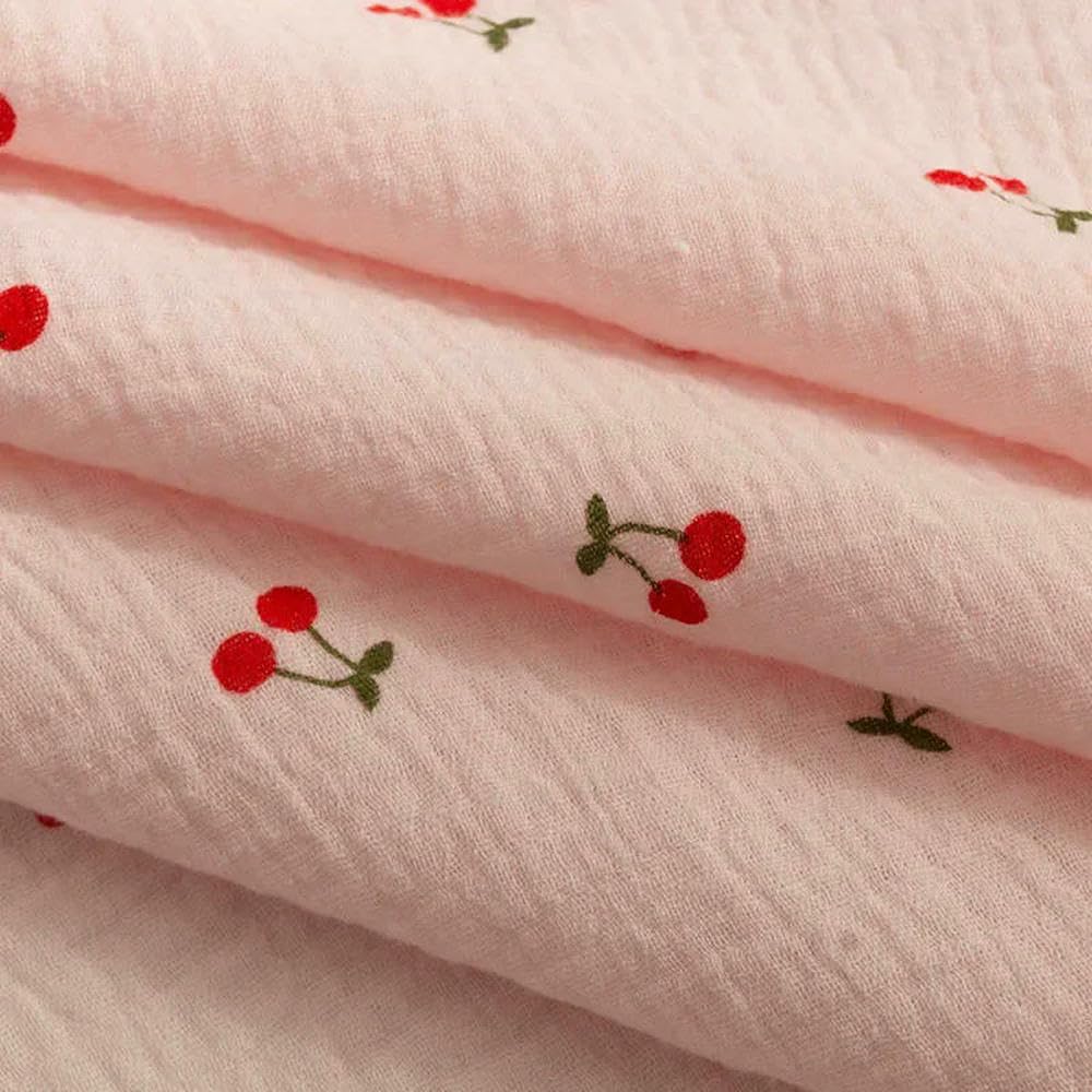 Tela de Gasa crepé de algodón de Doble Capa con Estampado de Cerezas para Pijamas, Vestidos, Ropa de casa y Ropa Interior (135 x 50/500 cm).
