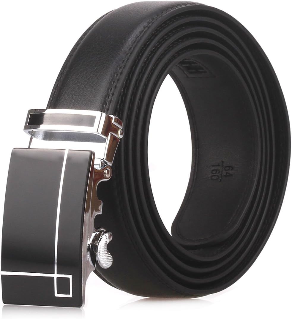 Men's Automatic Buckle Leather Genuine Leather Belts-Black/Brown（Car04/05/D01） (L, D01-Black)