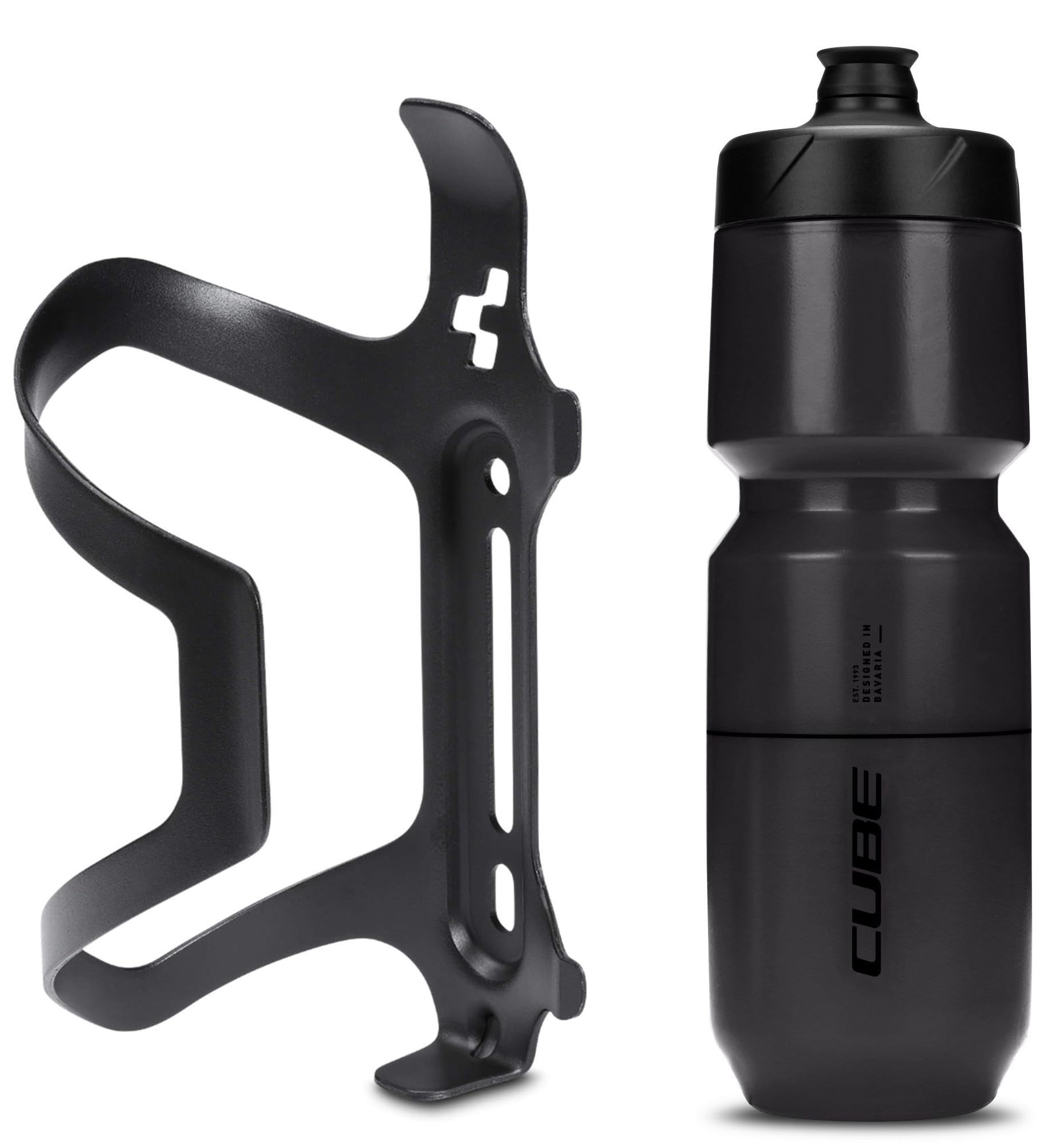 Cube HPA Anodised Side Loading Cage - Black & Flow Bottle - Black, 750ml / Alloy Lightweight Bicycle Cycling Cycle Bike MTB Mountain Road Water Drink Flask Bidon Bracket Mount Holder HPP Accessories