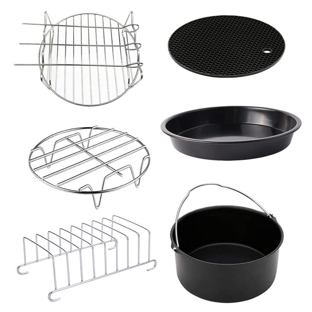SOLUSTRE 6 Stück Backzubehörset für Heißluftfritteusen 6 Zoll aus Edelstahl | Frittierpfanne, Backblech, Rost und Pizzablech, für Backen und Schokokuchen, Spülmaschinengeeignet