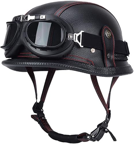 Casco de media cara de cuero alemán para motocicleta, aprobado por DOT, casco de media carcasa + gafas, casco retro con hebilla ajustable de