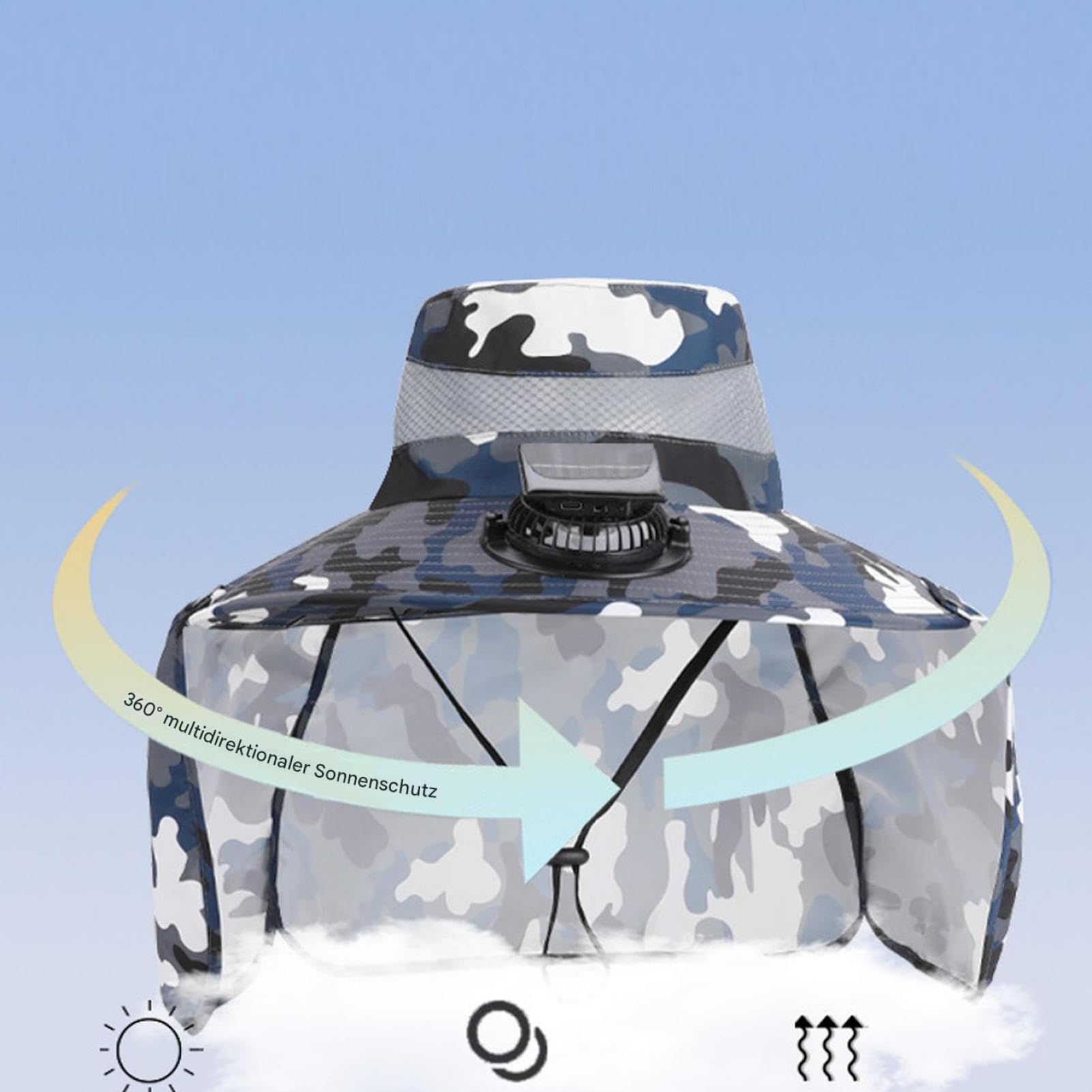 Gorro de ventilador con energía solar, construcción de nailon transpirable, ventiladores de refrigeración extraíbles, sombreros de pesca, gorro de refrigeración para exteriores, con capa de cuello