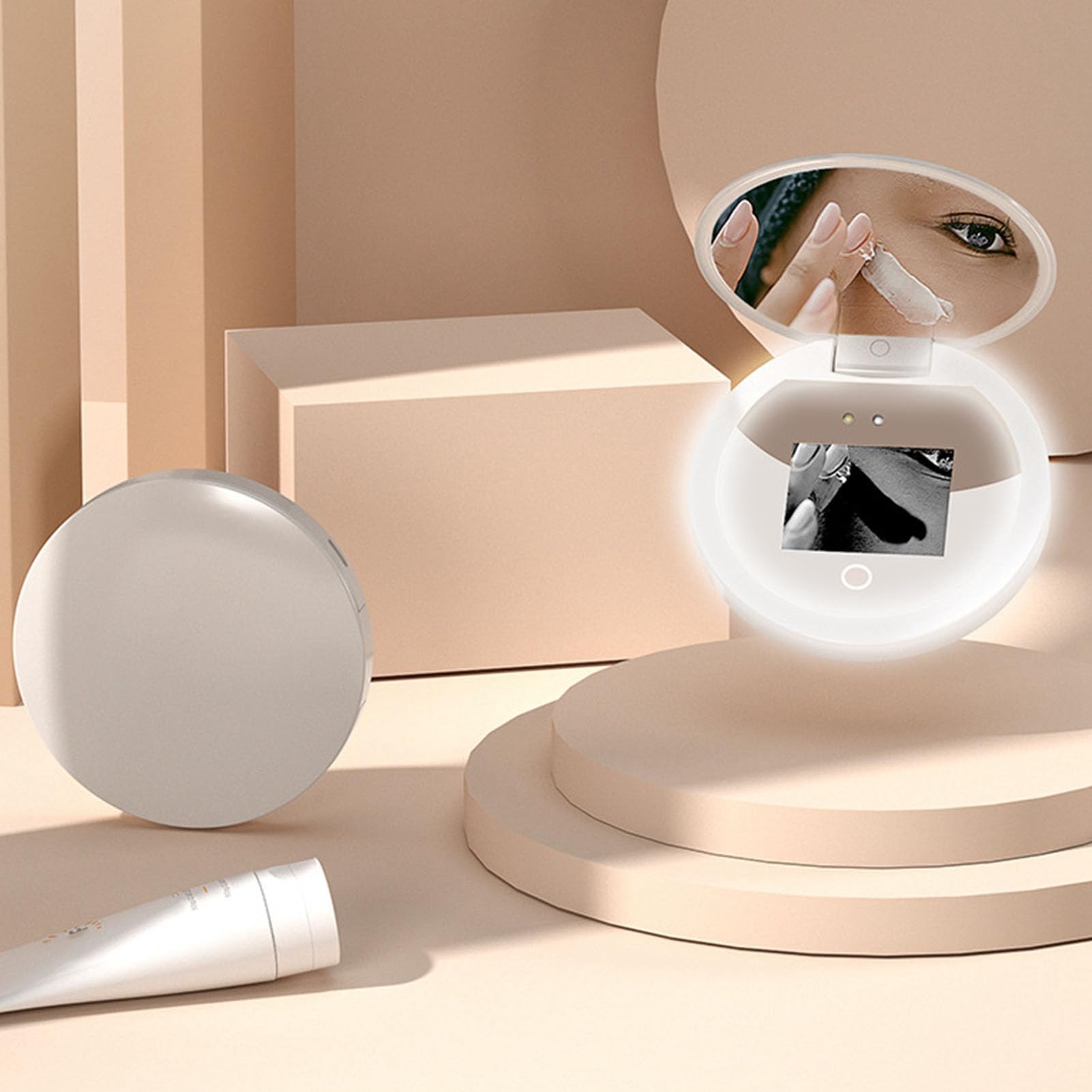 Miroir de Maquillage de Voyage éclairé par LED 3,5 Pouces - Compact Avec Test de Protection Solaire pour Caméra UV - Portable Grossissement 2X