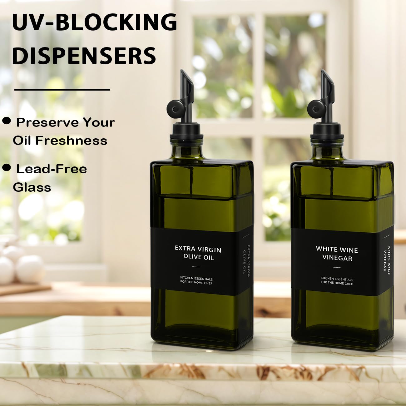 Olivenöl-Spenderflasche für die Küche mit Bambus-Tablett, 480 ml, Glasöl- und Essigspender-Set, Sojasauce und Sirupflasche, modernes Gastgebergeschenk (grün, 2er-Set)