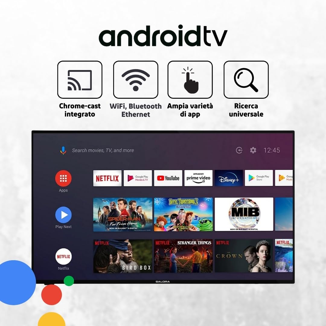 SALORA SMART24TV – Smart TV da 24 Pollici con Android – Display LED, HD Ready, Chromecast Integrato, Dolby Audio, Wi-Fi, Bluetooth, 3x HDMI – TV Compatta Ideale per Casa o Cucina