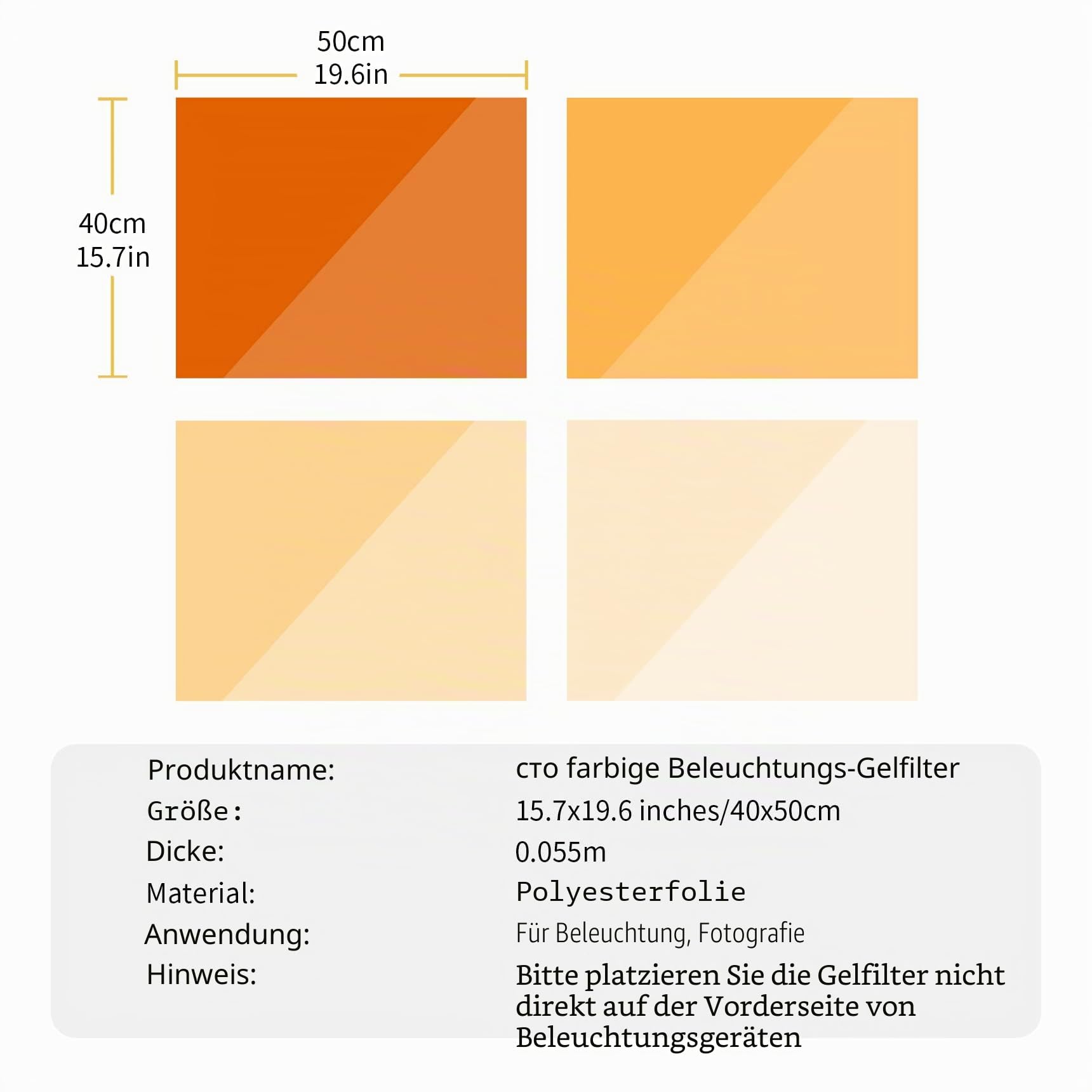 Selens 4PCS 40x50cm Beleuchtung Gelfilter CTO Flash Gel Orange Licht 4 Farbkorrektur Transparente Blätter Overlays für 800W Roter Kopf Scheinwerfer Strobe Licht Speedlite Fotografie Fotostudio
