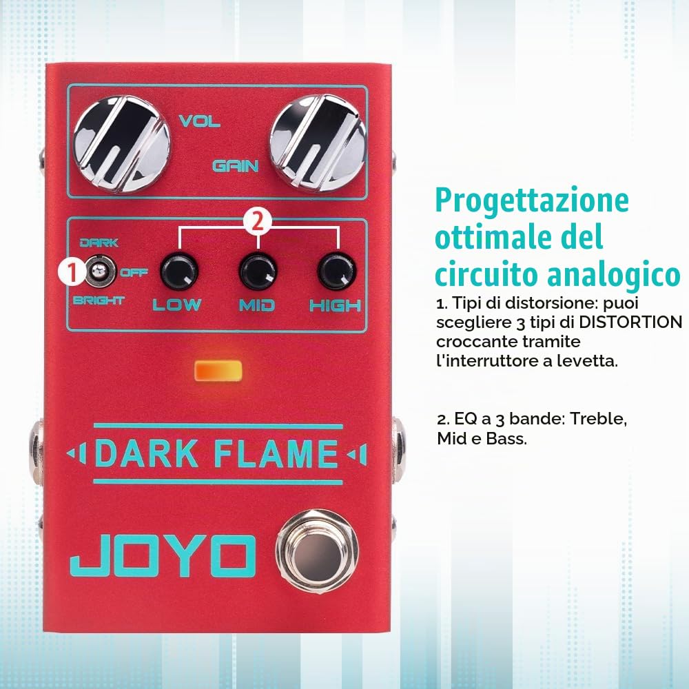 JOYO Pedale effetto per chitarra distorsore moderno in metallo ad alto guadagno con diversi stili di tono per chitarra elettrica - True Bypass (Dark Flame R-17)
