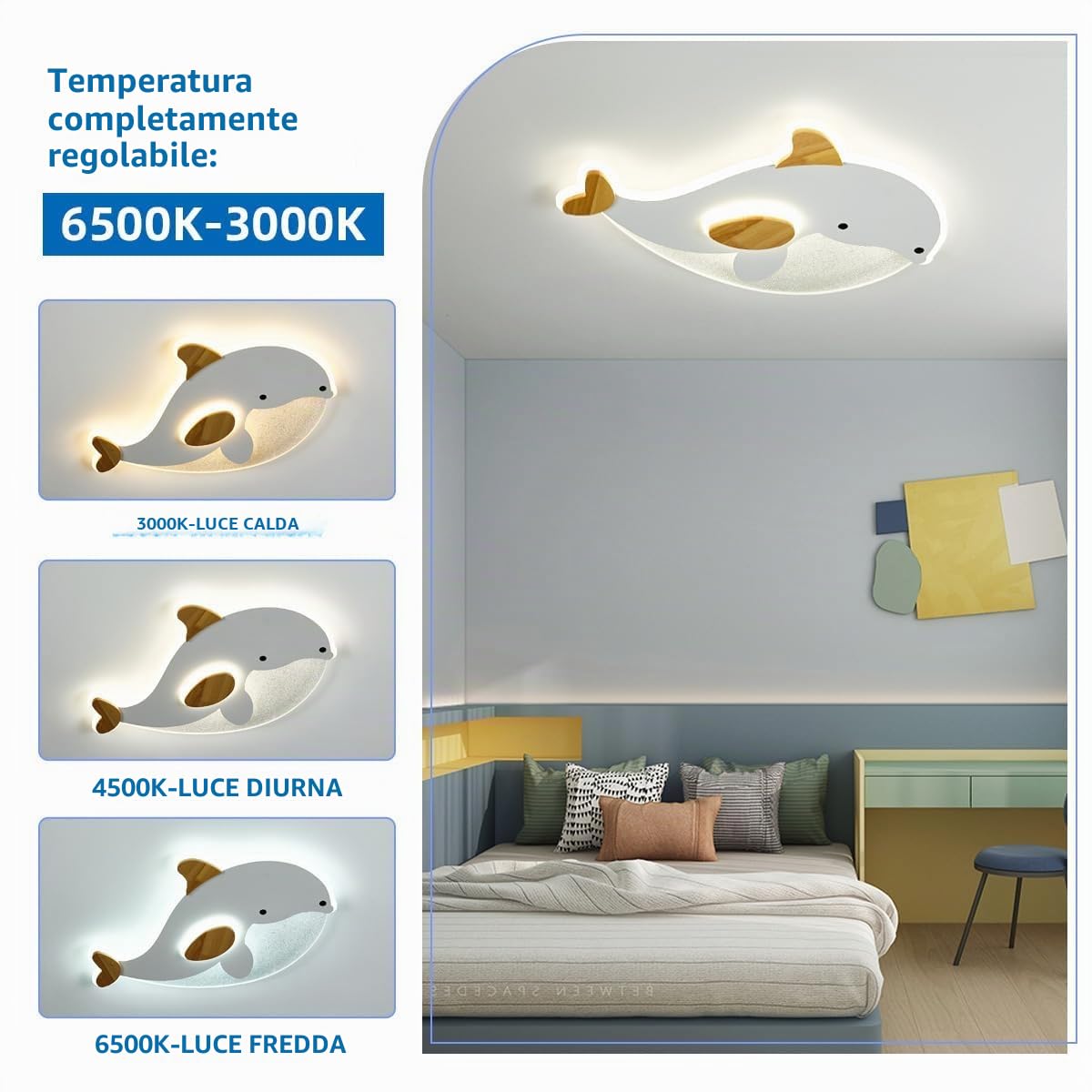 Lampadario Camera Da Letto Bambino,Forma Delfino Plafoniera LED Soffitto Bianco E Grano Di Legno,Dimmabile Con Controllo,28W lampadario soggiorno Per Cucina Cameretta,50 * 34Cm