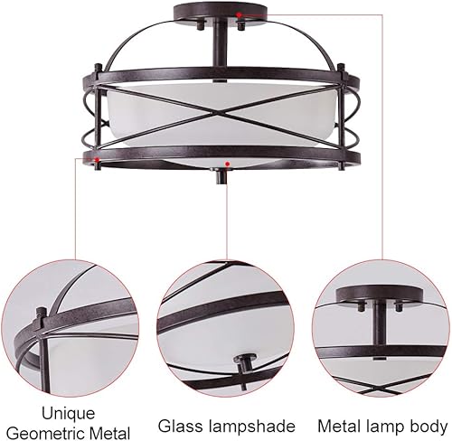Miniatura 3 de Lámpara de tambor de entrada, lámpara de techo rústica semiempotrada para pasillo, sala de estar, dormitorio, cocina, acabado de bronce antiguo