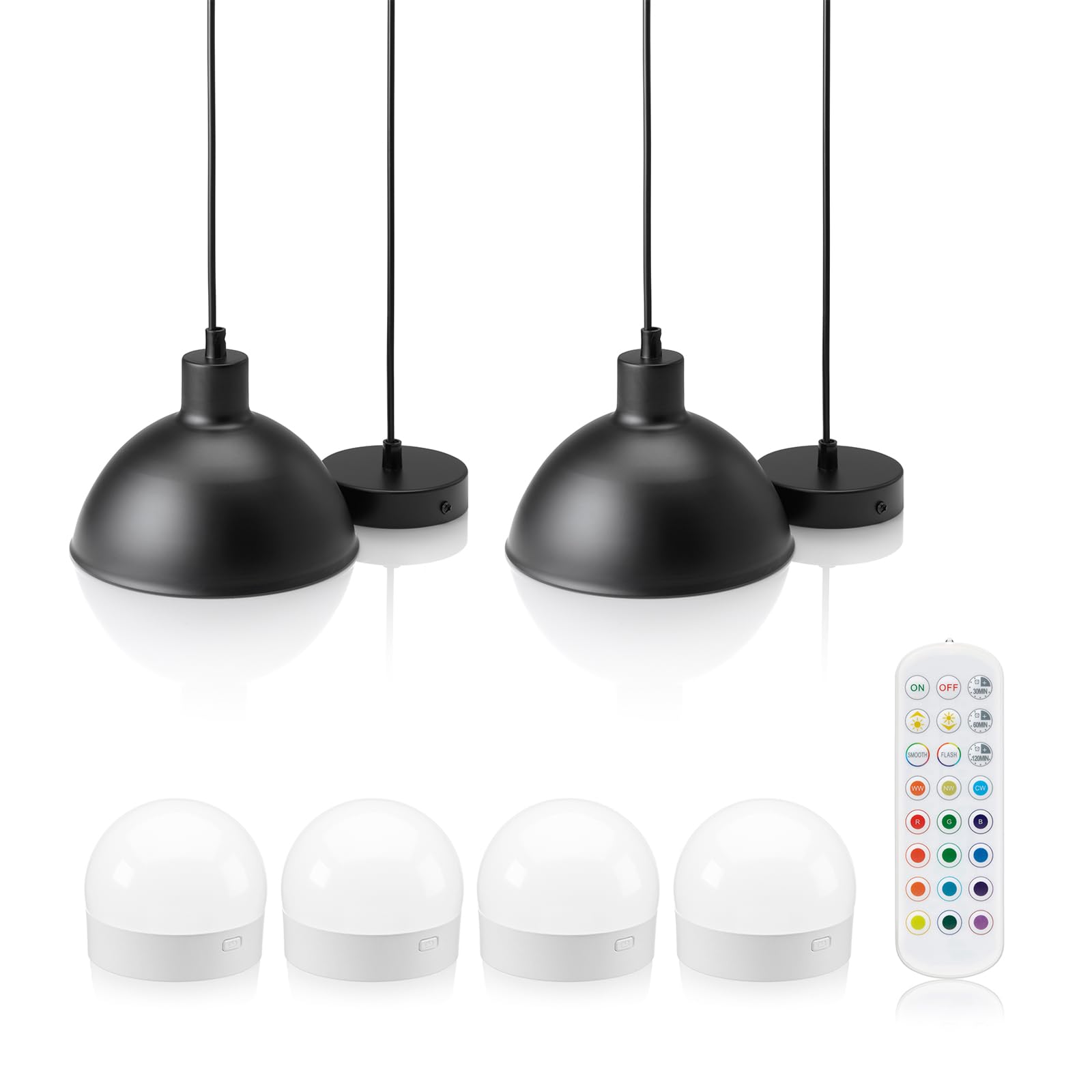 Auraglow Rechargeable Wireless Pendant Light with Remote – Cordless, Battery-Powered, Dimmable, Colour-Changing (Black, 2 Lamps, 4 Light Sources, 1 Remote)