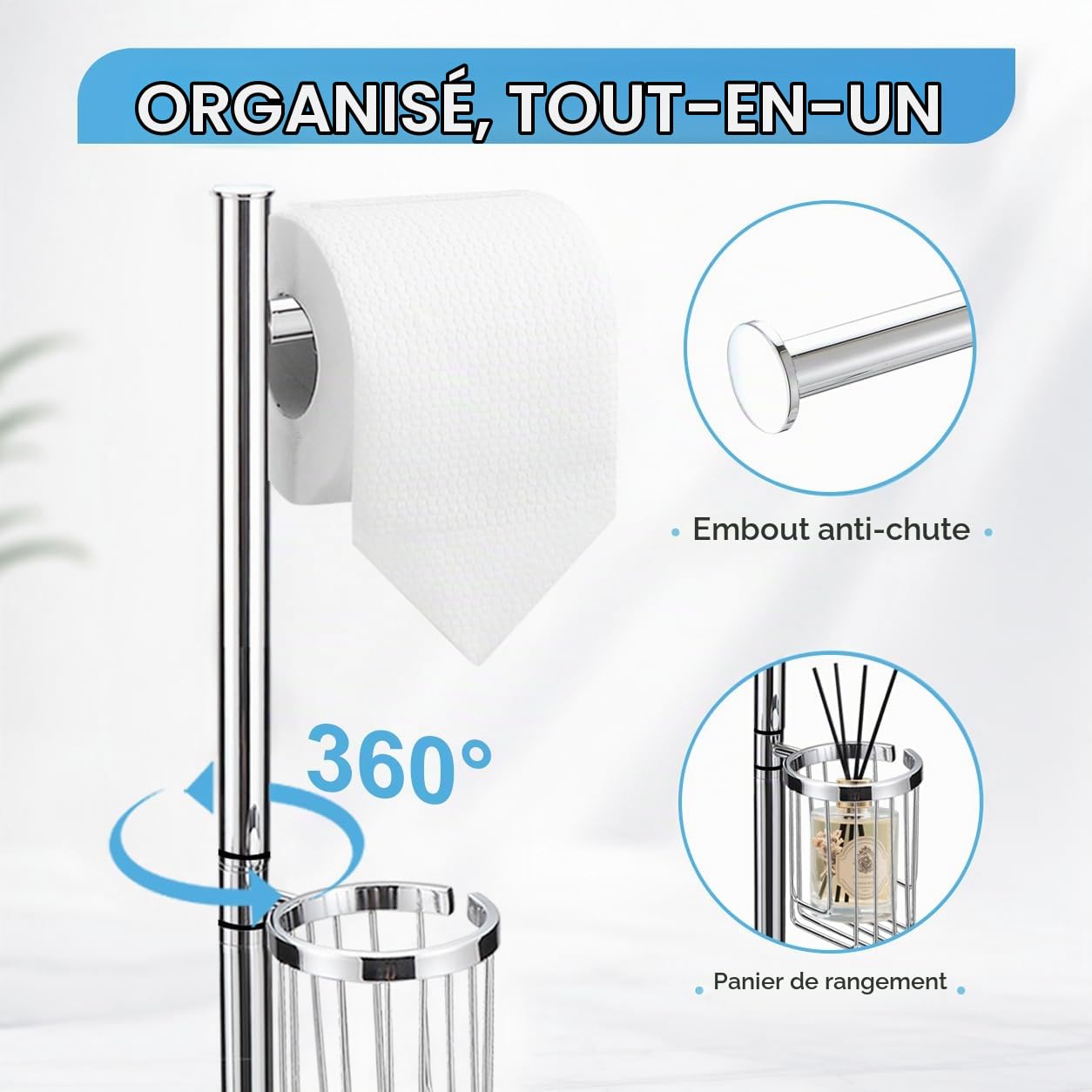 DAZI Brosse Toilettes WC métallique autoportante, Brosse WC avec 2 Balai Toilette WC pour Le Nettoyage en Profondeur de la Salle de Bain (Chrome)