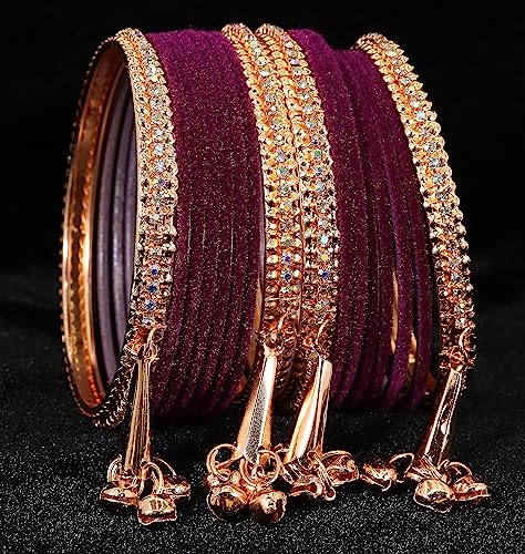 Image of NMII Metal with Zircon Gemstone and Velvet Studded Bells Latkan Bangles Set For Girls and Women I Latkan Bangles, Premium Bangle Bracelet Set I Pack of 16 Bangles