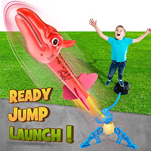 Funforfun! Dinosaur Rocket Launcher For Kids Toys, Outside Toy For Kids Ages 3 4 5 6 7 8 9 10 11 12 Year Old Birthday Gifts For Kid Boy Dino Stomp Toy Rockets For Ages 3-5 5-7 6-8 (Blue) #TOP1