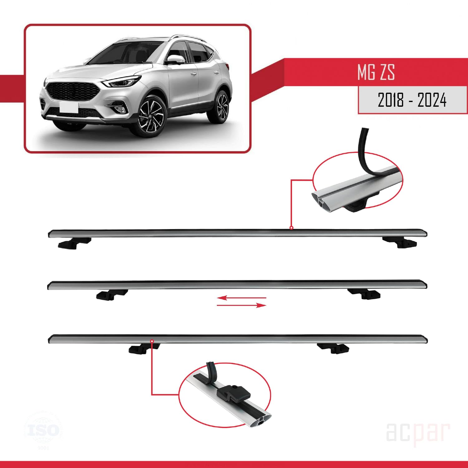 MDAK Barre Portatutto Universali In Alluminio Per MG ZS 2018-2024, Modello Basic, 2 Barre Grigie, Carico 75 Kg - 3