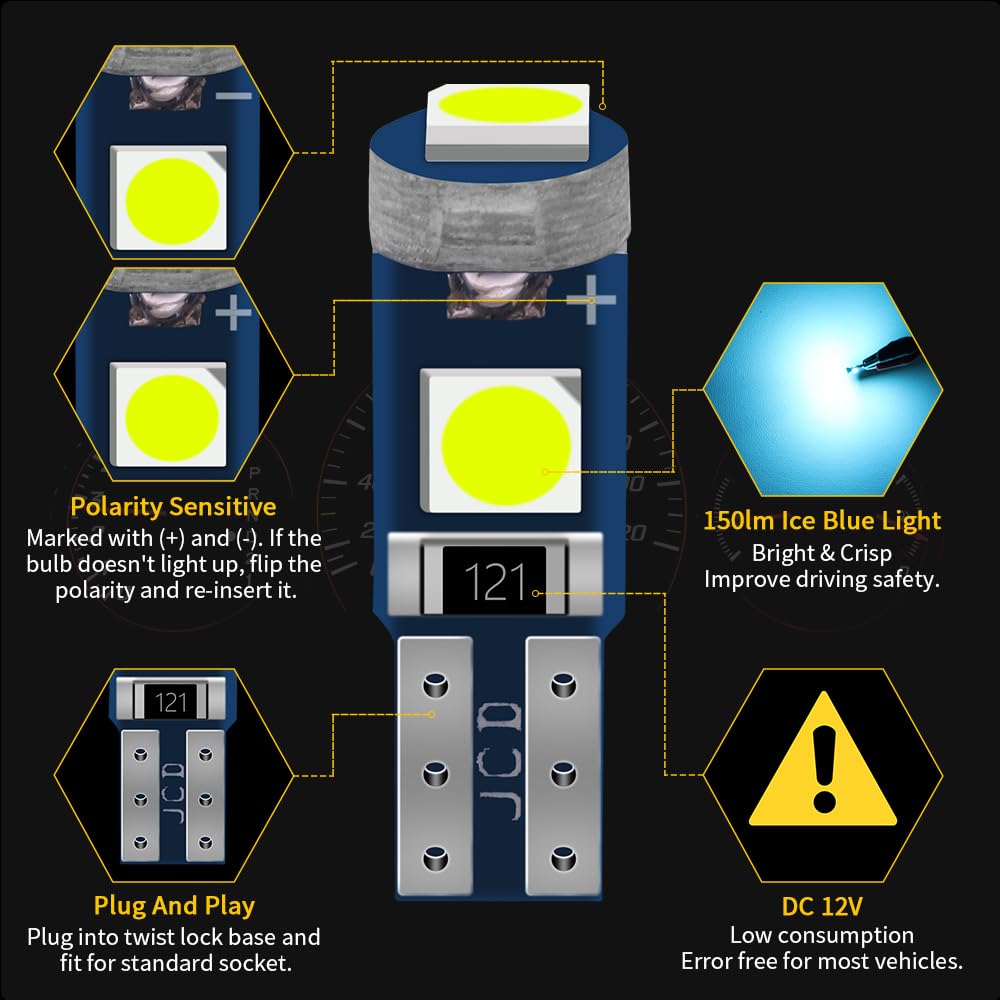Lampadine LED T5 W3W 12V - Per Luci Auto Interno, 10 Pezzi, Bianco 6500K - Foto 3