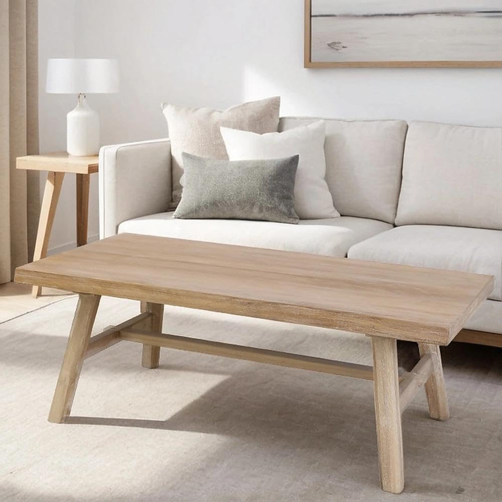 Mesa de Centro de Madera Reciclada Estilo WABI Sabi -con Patas Inclinadas y Refuerzo Horizontal - Mesa Auxiliar de Madera Maciza Sostenible Apto para salón y Pasillo. 120x55x38cm XZ-24897