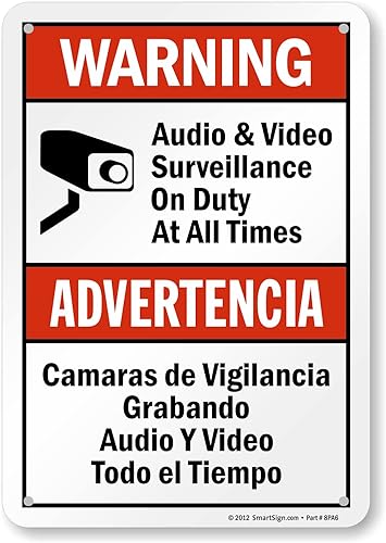Vista 26 de SmartSign -S-9392-AL-14 Advertencia - Vigilancia de audio y video en servicio en todo momento Aluminio de 10" x 14" - Negro/Rojo sobre Blanco