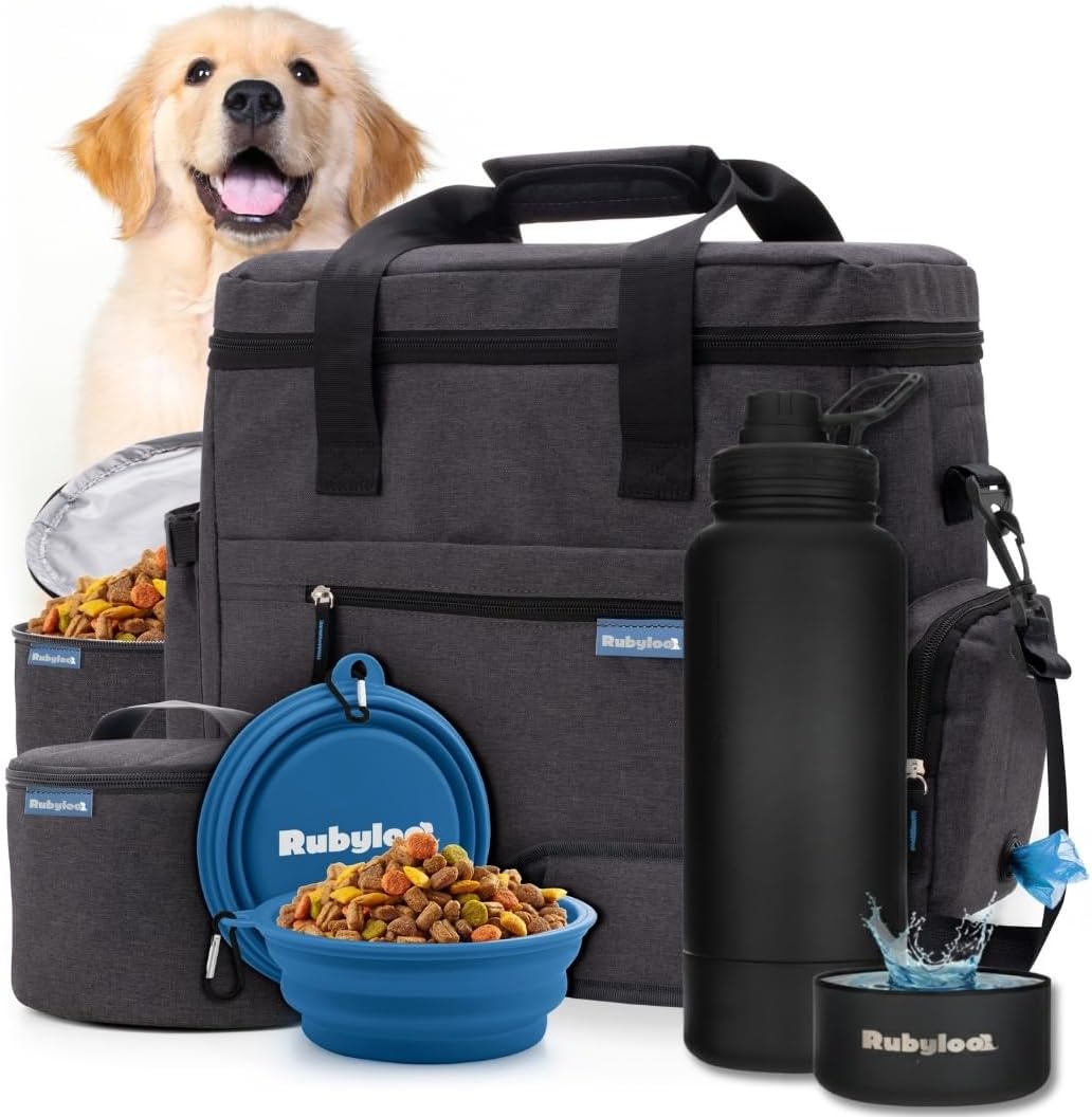 rubyloo The Original Doggy Bag (Charcoal) & 32oz Insulated Water Bottle with Attached 8oz Bowl (Solid Black) – Dog Travel Bag & Hydration Set