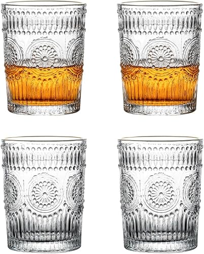Juego de 4 vasos de vidrio en relieve vintage de 9.8 onzas, diseño de flores, vasos de cristal para cóctel, mojito, jugo, leche, taza de té