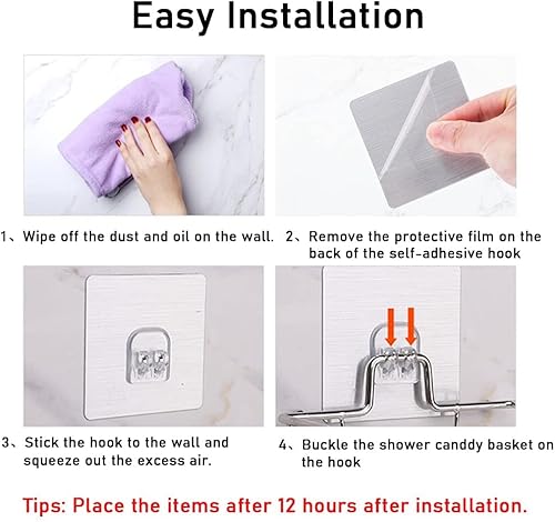 Miniatura 5 de Paquete de 4 ganchos adhesivos para regadera, cesta de baño, soporte para jabonera, fregadero de cocina, ganchos adhesivos de repuesto (plateado,