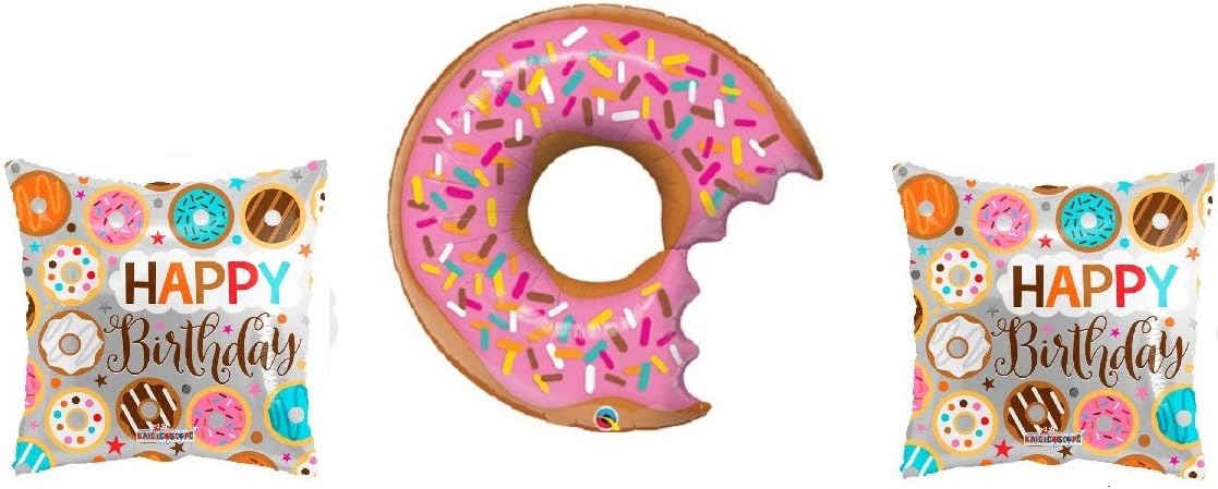 3 Donut Party Balloons - 1 36" Large Donut with Sprinkles and Bite Balloon and 2 18" Happy Birthday Donuts Balloons