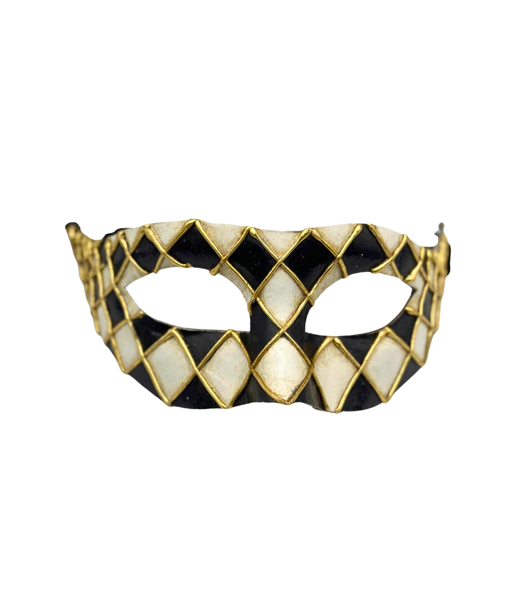 Venetian Harlequin Mask - Black & White with Gold Details - Handmade from Paper Mache - Carnival, Masquerade Ball & Party