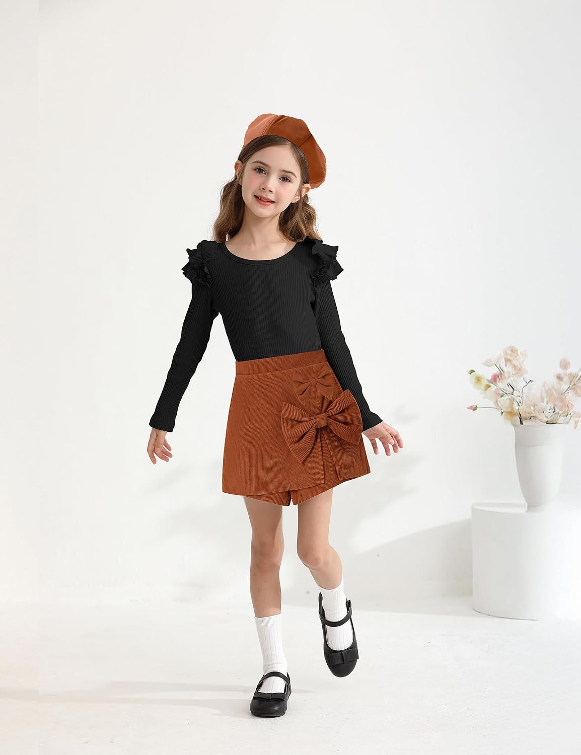 Girls Clothes Ruffle Sleeve T-shirt Top and Bowtie Plaid Skort Set with Hat 3PCS Girls Fall Outfits