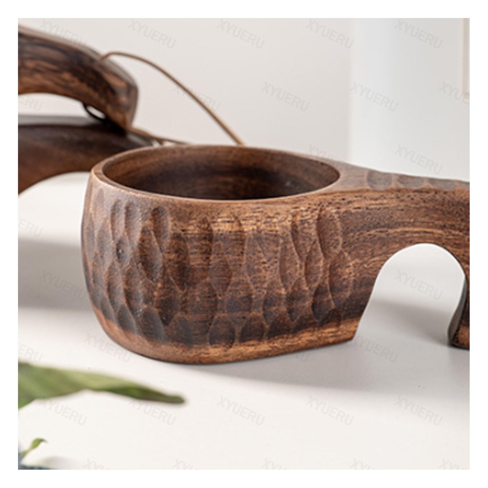 Taza de té de madera con asa, diseño nórdico tradicional, taza de camping hecha a mano con correa para el cuello para uso doméstico y exterior