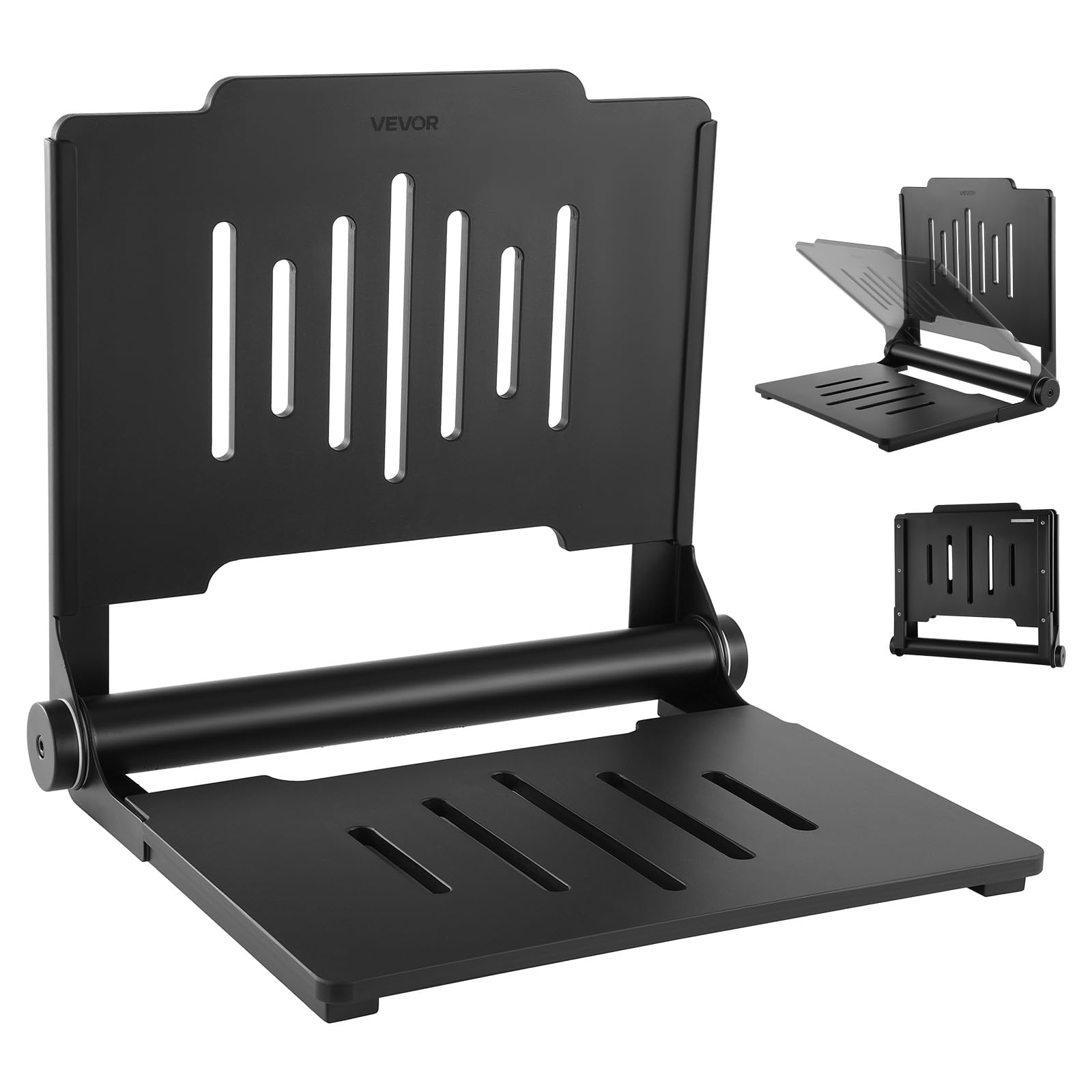 VEVOR Asiento de Ducha Abatible Montaje en Pared, Silla de Ducha Plegable con Respaldo de Apoyo, Marco de Acero Inoxidable, Banco de Baño Capacidad de Carga de 180 kg, para Adultos, Mayores, Negro