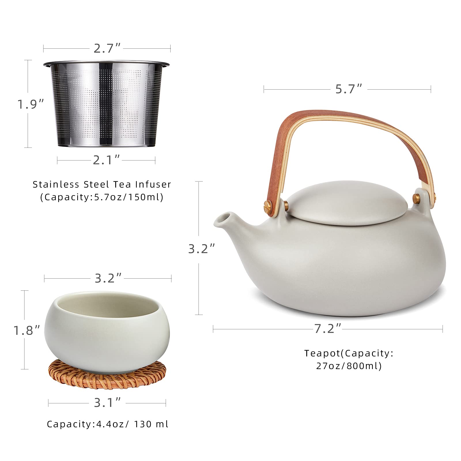 ZENS Theepot met infuser, keramische Japanse 2cup theepot voor losse blad thee, 800ml kleine matte witte porseleinen theepot cadeau met moderne gebogen houten handvat