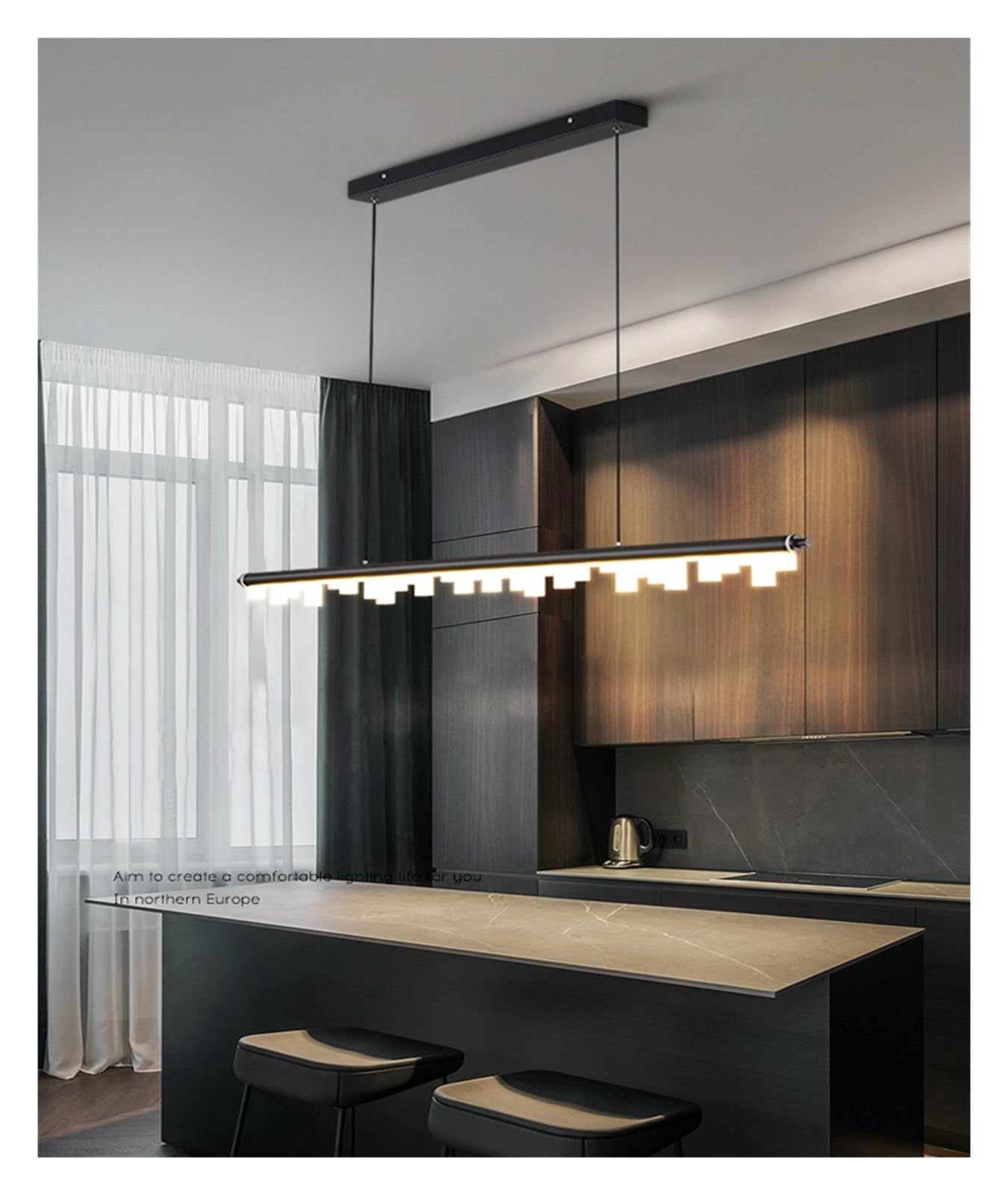 ASerZenith Dining Room Pendent Lamp Kitchen Island Light Long Linear For Home Bar Table Nordic Lamps Led Chandeliers For Dining Room,Onecolor-Black-L120Cm