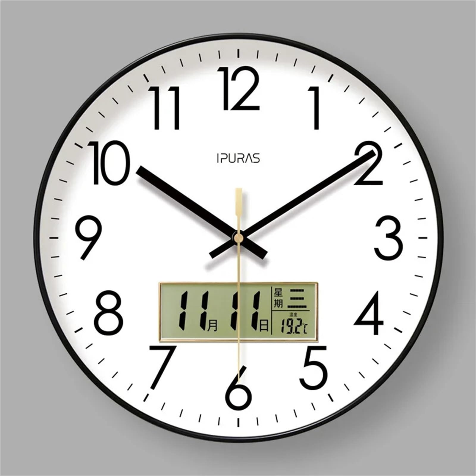 LADFRTYU Atomic Digital Wall Clock Modern Atomic Wall Clock Temperature Digital Calendar Analog Silent Round Non-Ticking For Office Bedroom(Black Frame A,14 inch)