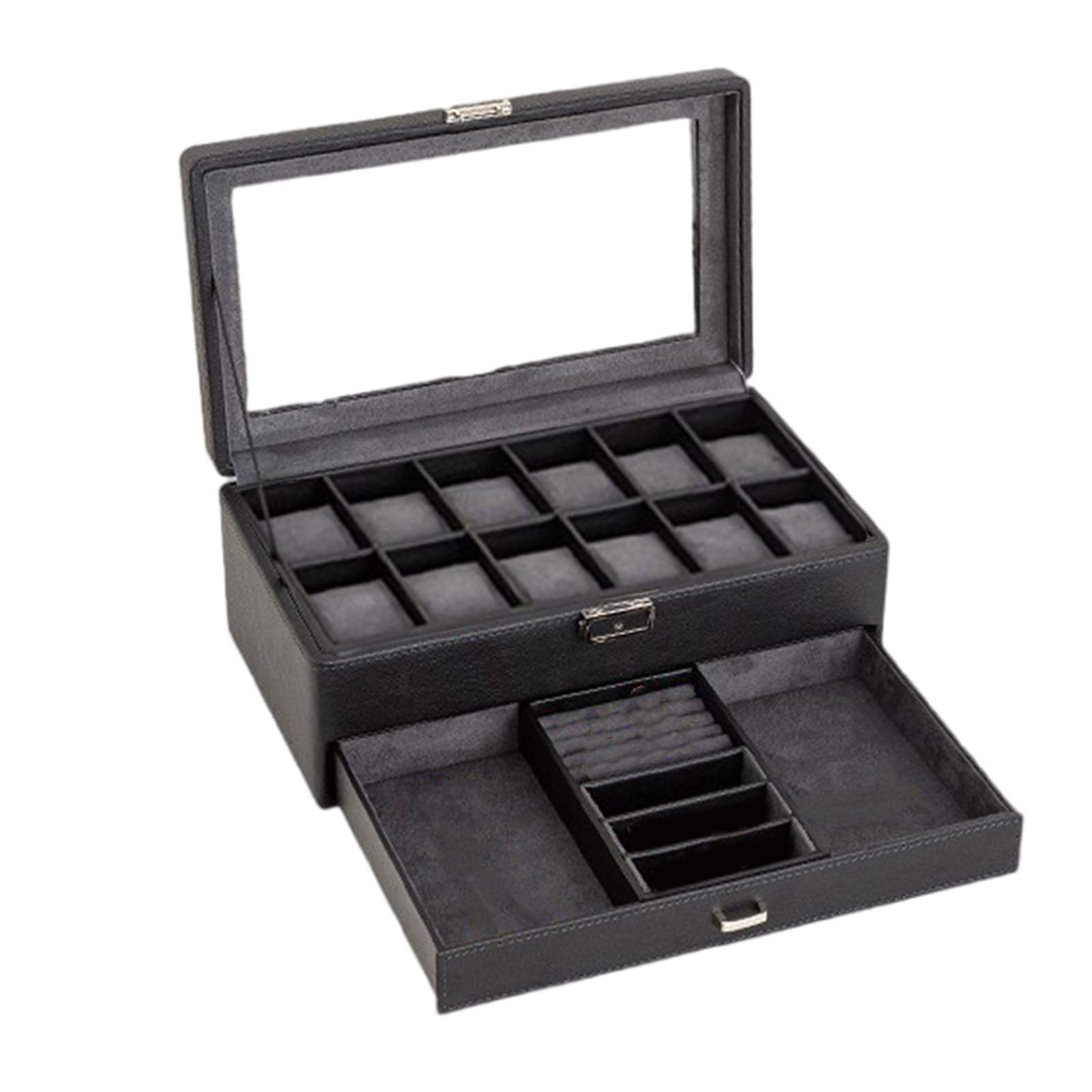 Organizador multiusos para caja de reloj con cajón resistente y tapa de cristal, forro de microgamuza suave, uso diario