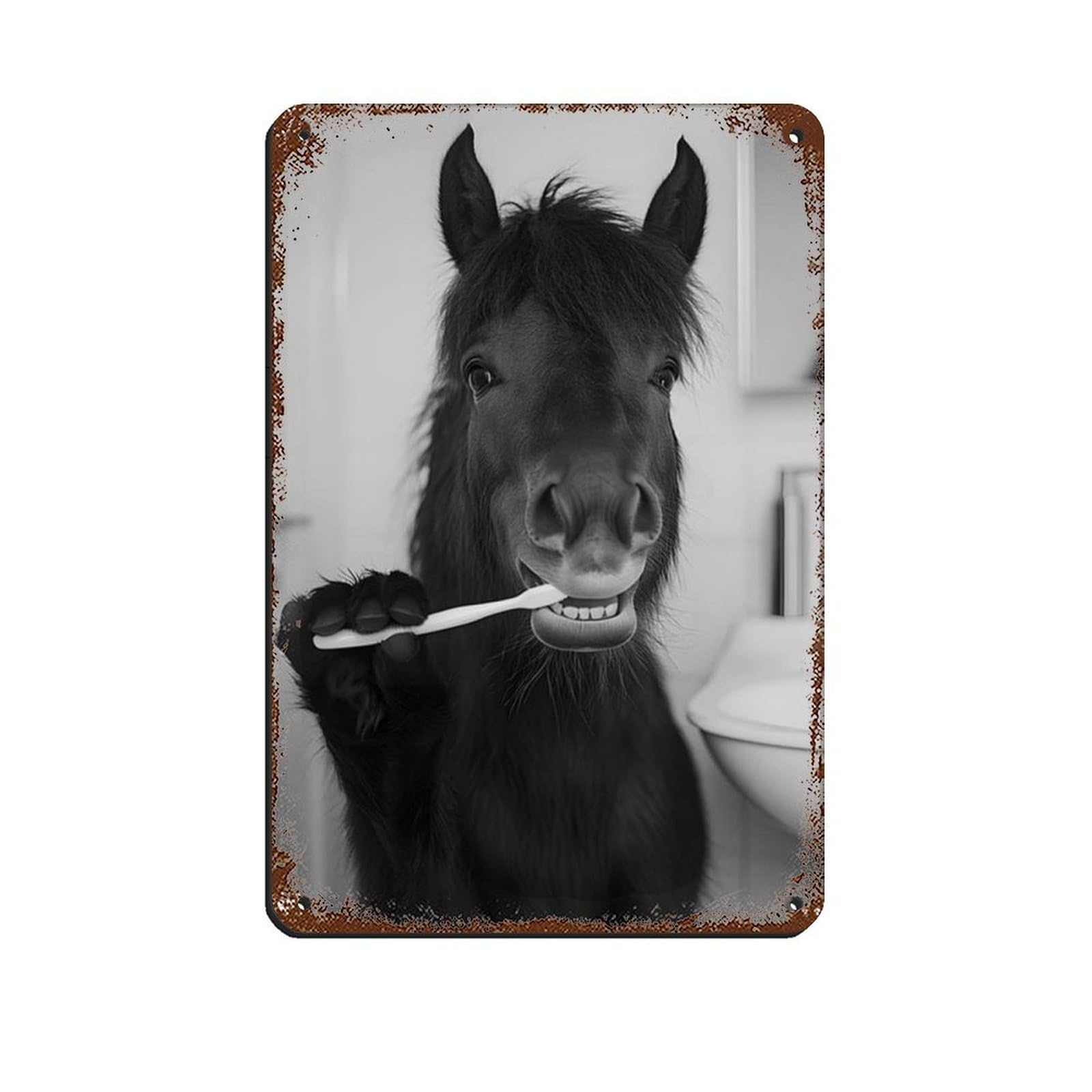 Horse Brushing Teeth, Funny Bathroom Art Retro Poster Metal Tin Sign Chic Art Retro Iron Painting Bar People Cave Cafe Family Garage Poster Wall Decoration 8x12inch(20x30cm)