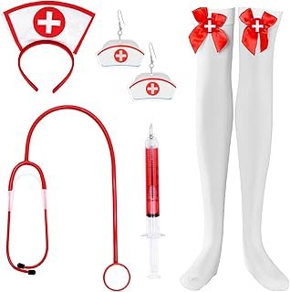 Nurse Halloween Costume for Women 5PC Sexy Red Dress Outfit Set with Adjustable Headband Stethoscope, Earring & Thigh High Socks Adult Halloween Party Roleplay Party Accessories