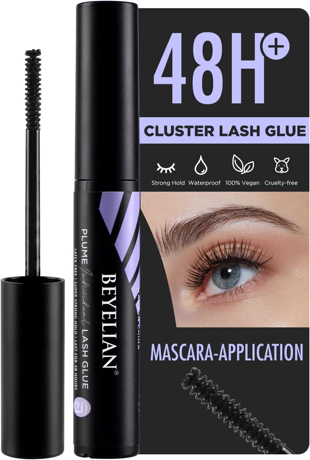 Cluster Lash Glue, Lash Bond Mascara Wand Individual Eyelash Glue for DIY Eyelash Extension Use Super Strong Hold Latex Free Eyelash Adhesive by BEYELIAN