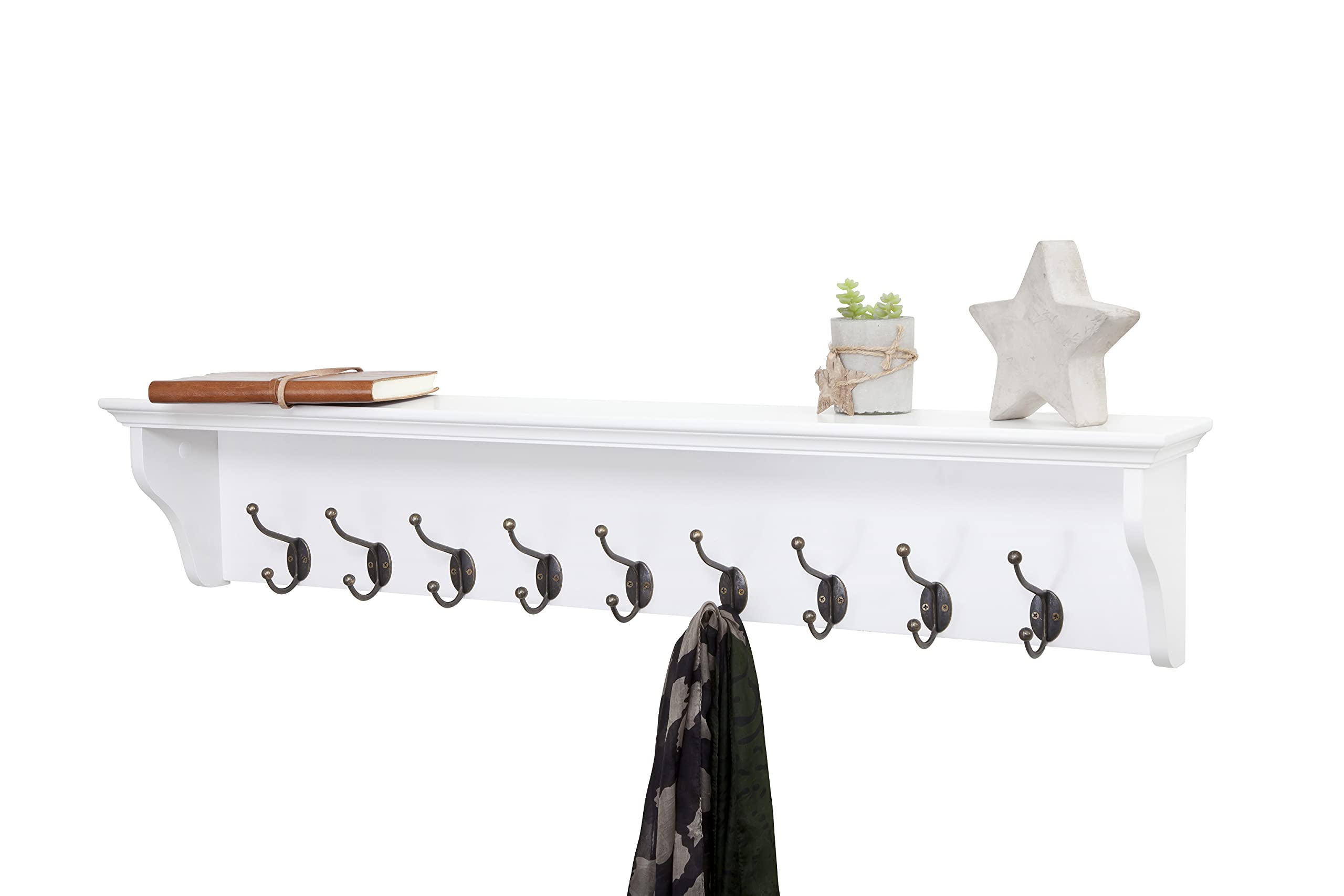Elegant BrandsWall Mounted Coat or Towel Rack with Shelf, White Wooden and 9 Double Hooks Suit Hall, Bathroom, Kitchen and Cloakroom, Richmond Range
