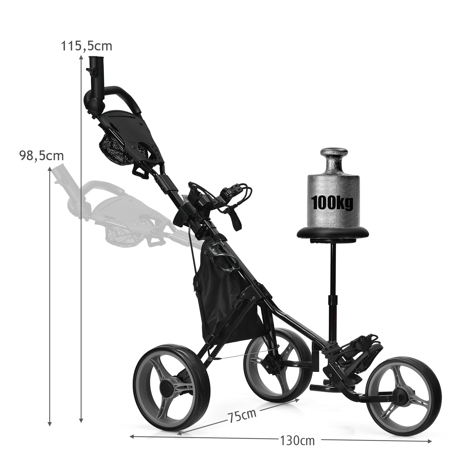 GYMAX Carro de Golf Plegable 3 Ruedas con Altura Ajustable y Portabebidas