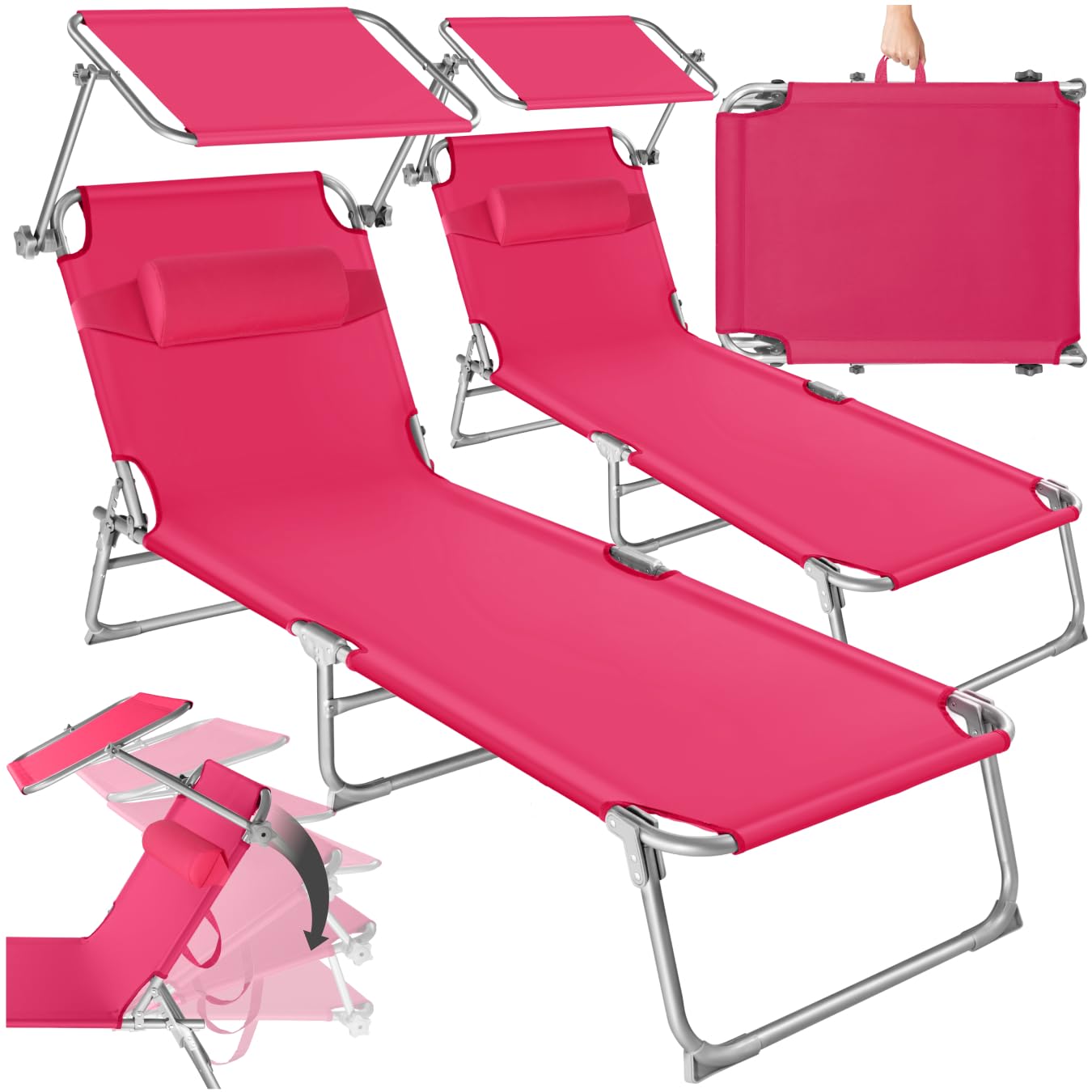tectake® Set de 2 Tumbonas Jardín Exterior con Parasol y Respaldo Regulables, Tumbona Plegable con Reposacabezas, Tumbona Playa Resistente a la Intemperie, Tumbona Piscina Carga Máx. 110 kg - rosa