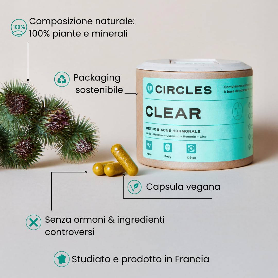 Circles CLEAR Integratore Donna Acne Ormonale - Zinco + Bardana Ortica Curcuma Rosmarino - Equilibrio Ormonale Post-Pillola Ciclo - Pelle Impura Imperfezioni - 60 Capsule Vegan Senza Glutine (1)