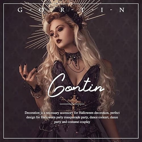 Miniatura 7 de GORTIN Diadema gótica oscura para Halloween, estilo vintage, diadema de cristal barroco, bandas para el cabello, accesorio para el cabello para