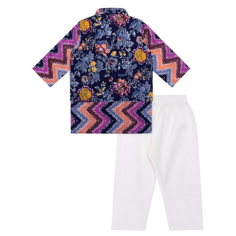 Image of superminis Boys Cotton Printed Full Sleeves Kurta With Ajrakh Printed Jacket and Pyjama Set