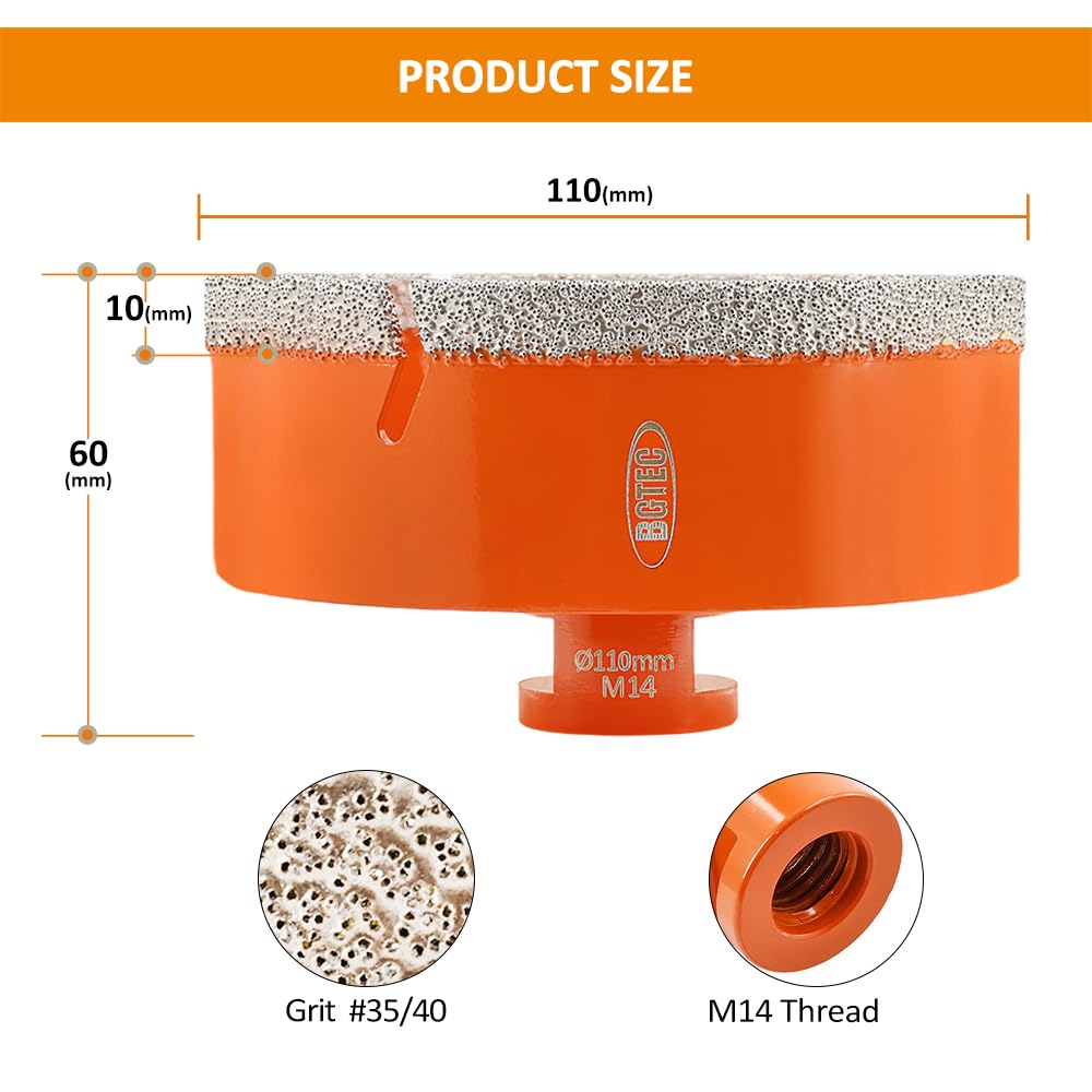 BGTEC Diamentowe wiertło do płytek 110 mm – wiertło suche, wiertło diamentowe, wiertło do płytek, porcelany, ceramiki, marmuru, granitu, wiercenia, do szlifierek kątowych M14
