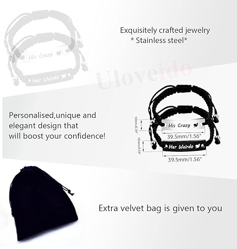Miniatura 7 de 1 par de pulseras trenzadas Hademade para parejas, pulseras para hombres y mujeres grabadas con "I Love You 3000, God Gave Me You, His Crazy Her
