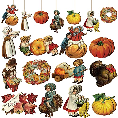 Image of 24 Pcs Fall Thanksgiving Vintage Wood Hanging Ornaments Autumn Fall Tree Hanging Sign Decorations Harvest Maple Leaf Decorative Hanging Ornaments for Holiday Party Decor