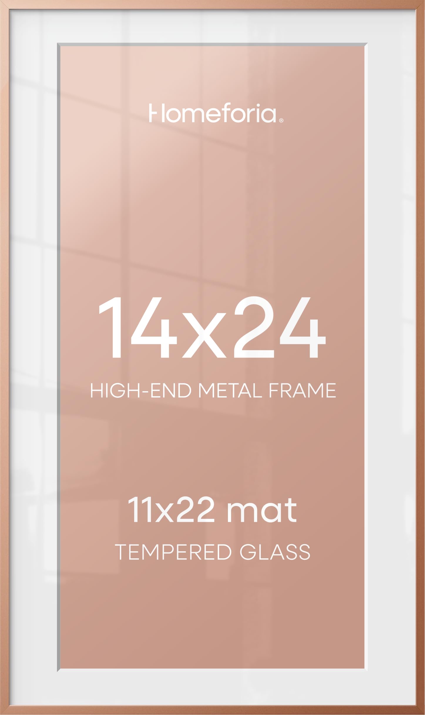 Homeforia 14x24 Rose Picture Frame, High-End Metal, 11x22 Mat, Glass | High End Aluminum, Tempered Glass, Acid-Free 11x22 Removable Mat, 14x24 in Edge-to-Edge Display 24x14, Wall Kit, Set Of 1