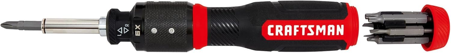 CRAFTSMAN 15pc 6x SpeedDrive Ratcheting Screwdriver with the bit storage cap removed and placed next to the handle, revealing the stored bits.