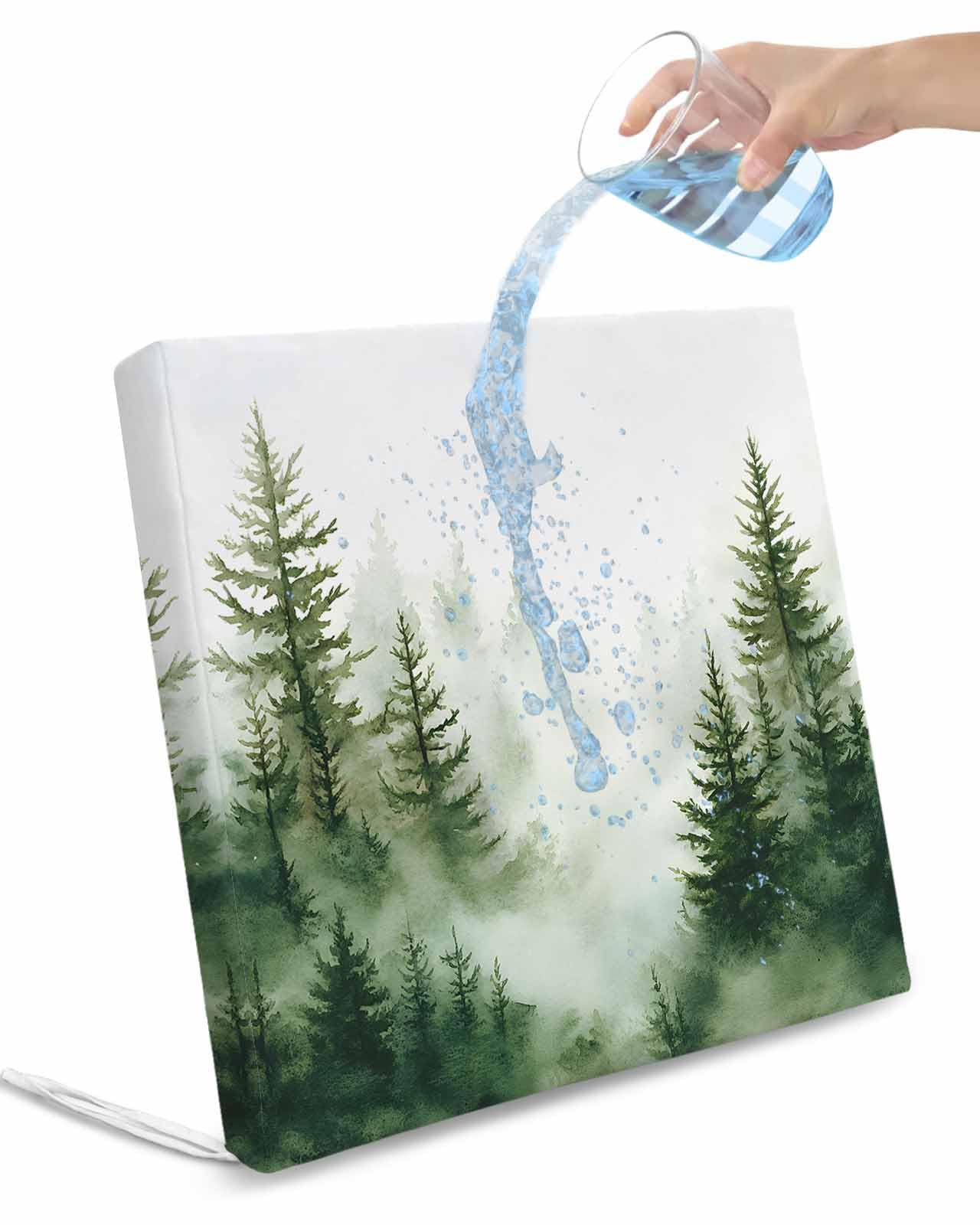 2 Pack Watercolor Forest Waterproof Cushion Covers with Ties, Outdoor Patio Chaise Lounge Chair Seat Cushion Slip Covers Replacement(Only Cover) Green Foggy Natural Landscape Plants 22